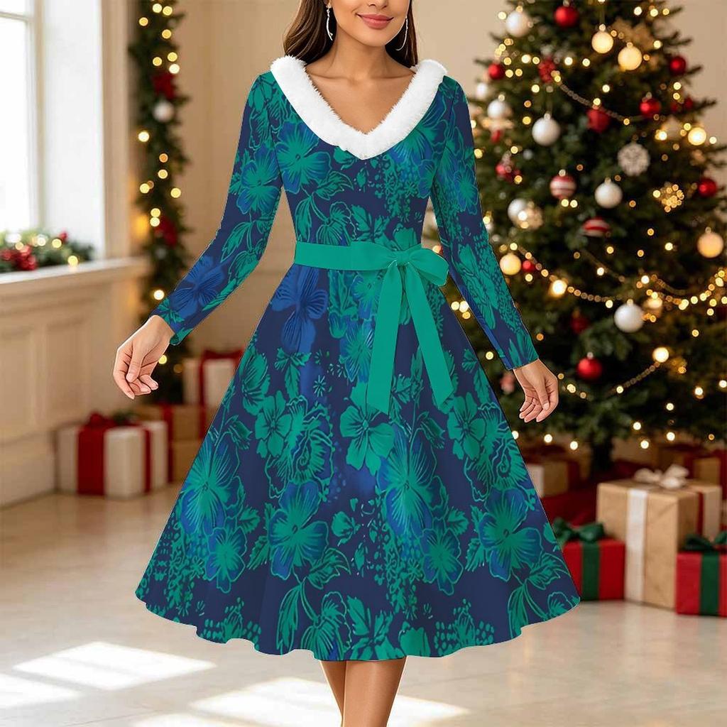 Women Floral Print Midi Dress, Long Sleeve V‑Neck Furry Trim A‑Line Party Dress, Christmas Limited Edition