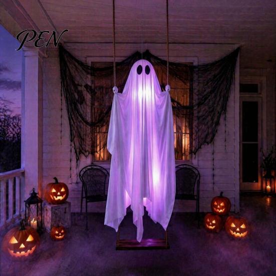Halloween Partyartikel für Erwachsene Hängende Geisterschaukel Dekoration mit Fernbedienung & LED-Lichterkette, Wasserdichte Gruselige Beleuchtete Veranda Dekoration