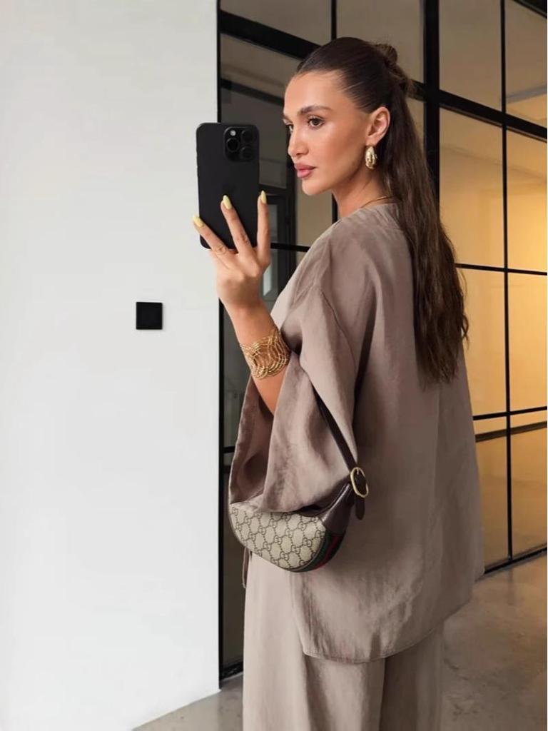 Damenmode Lässiges Zweiteiler-Set: V-Ausschnitt Ein-Knopf Langarm-Oberteil mit High-Waist-Hose