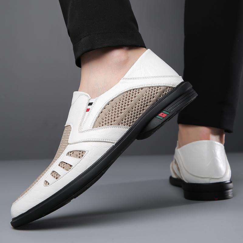 Breathable Cool Summer Mesh Leather Slip On Shoes Men Business Casual Soft Light Lazy Shoes Men Slip-On Hollow Out Loafers Shoes