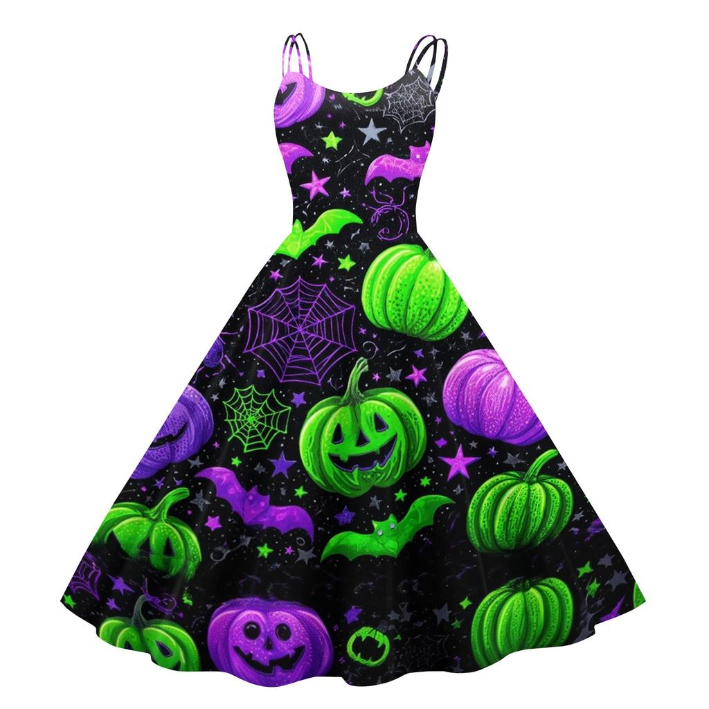 Women's Halloween Print Off Shoulder Vintage Punk Dress Sleeveless Spaghetti Strap Midi Dress with Full Skirt for Costume Party