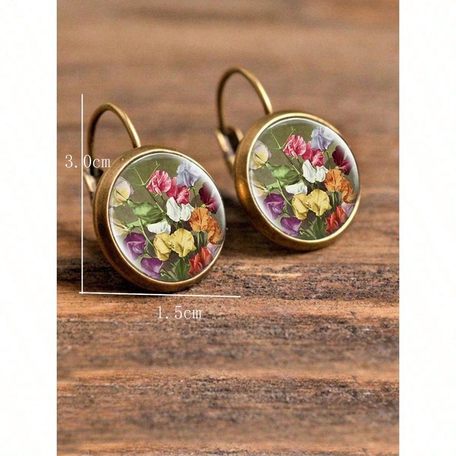 1pc Flower Print Round Drop Earrings Copper Jewelry Valentines