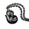 Obsidian Carving Fox Amulet Pendant Bead Chain Necklace Unisex Jewelry Gift