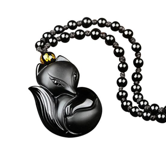 Obsidian Carving Fox Amulet Pendant Bead Chain Necklace Unisex Jewelry Gift
