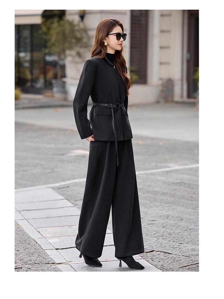 Women's Wool Suit Set: 2026 Spring Collection - Fashionable Temperament Casual Jacket & Wide-Leg Pants with Belt