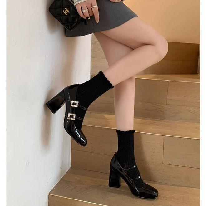 French retro Mary Jane shoes women's spring and autumn burgundy square head thick heel single shoes silver one-word buckle with high heel small l