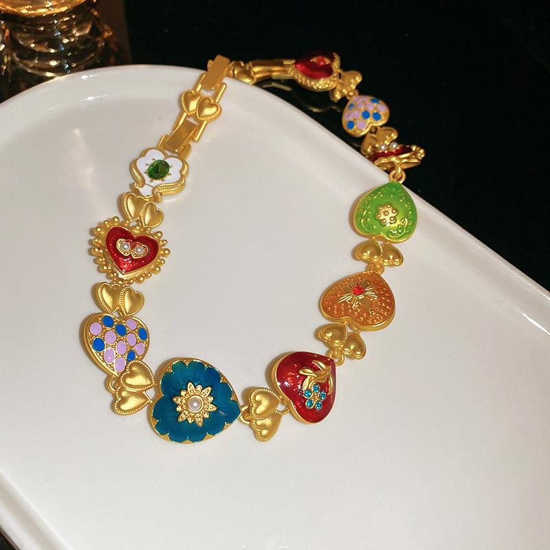 

Vintage court style colorful heart pearl necklace, bracelet, and earring set - elegant choker necklace