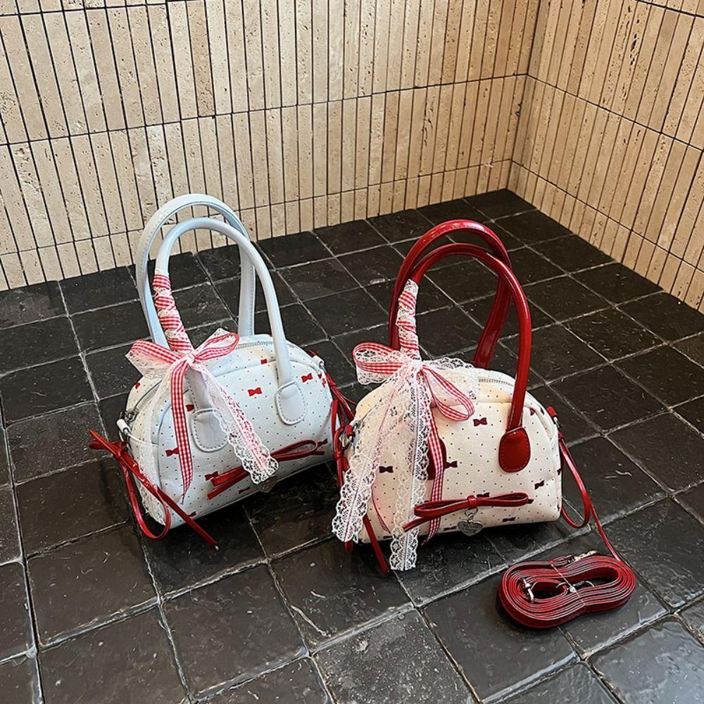 Lace Ribbon Boston Shoulder Bag French Style Women Handbags Fashion Bow Ribbons Bowling Bag  Travel