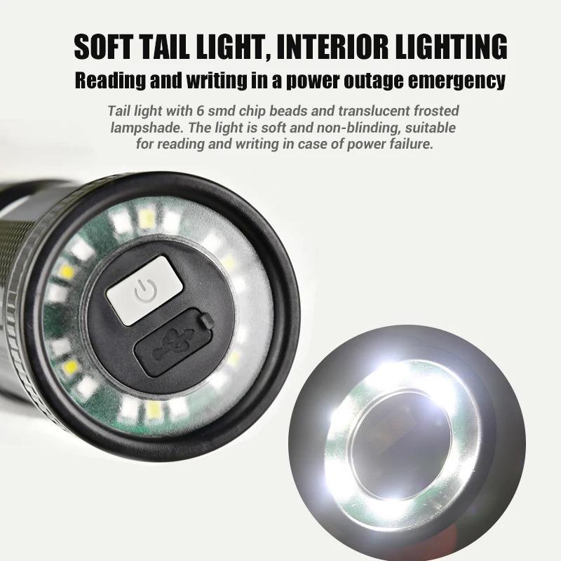 Powerful LED Flashlight Camping Torch ABS + Plastic Material Telescopic Zoom With Tail COB Floodlight Multiple Lighting Modes