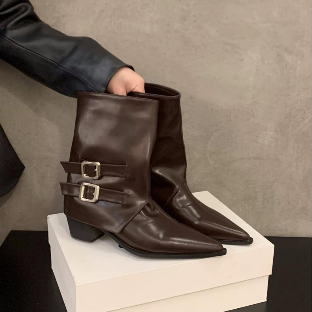 Pointed high heel brown small short boots women's shoes spring and autumn single boots retro belt buckle medium tube pants tube boots
