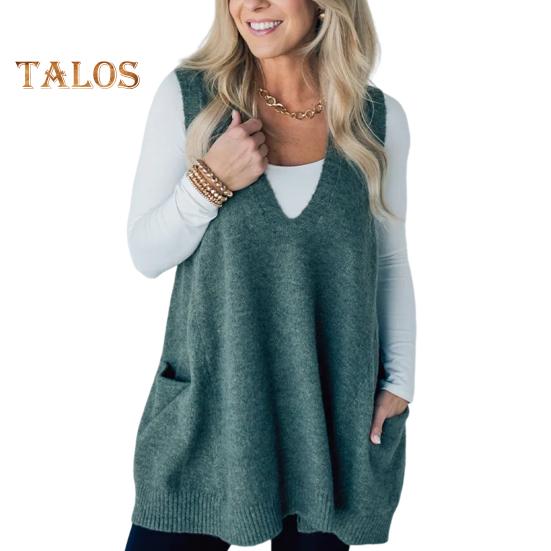 

Женский свитер с V-образным вырезом, без рукавов, однотонный вязаный жилет с карманами, ребристая отделка, свободный крой, средняя длина, повседневный трикотаж S зелёный