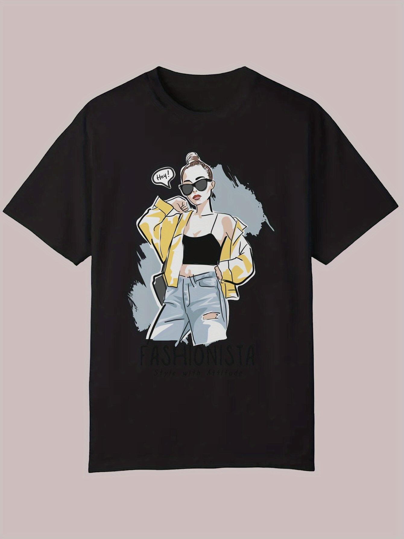 Summer Casual Graphic T-shirt - Black Relaxed Fit Round Neck Tee with Stylized Portrait Print XXXXL