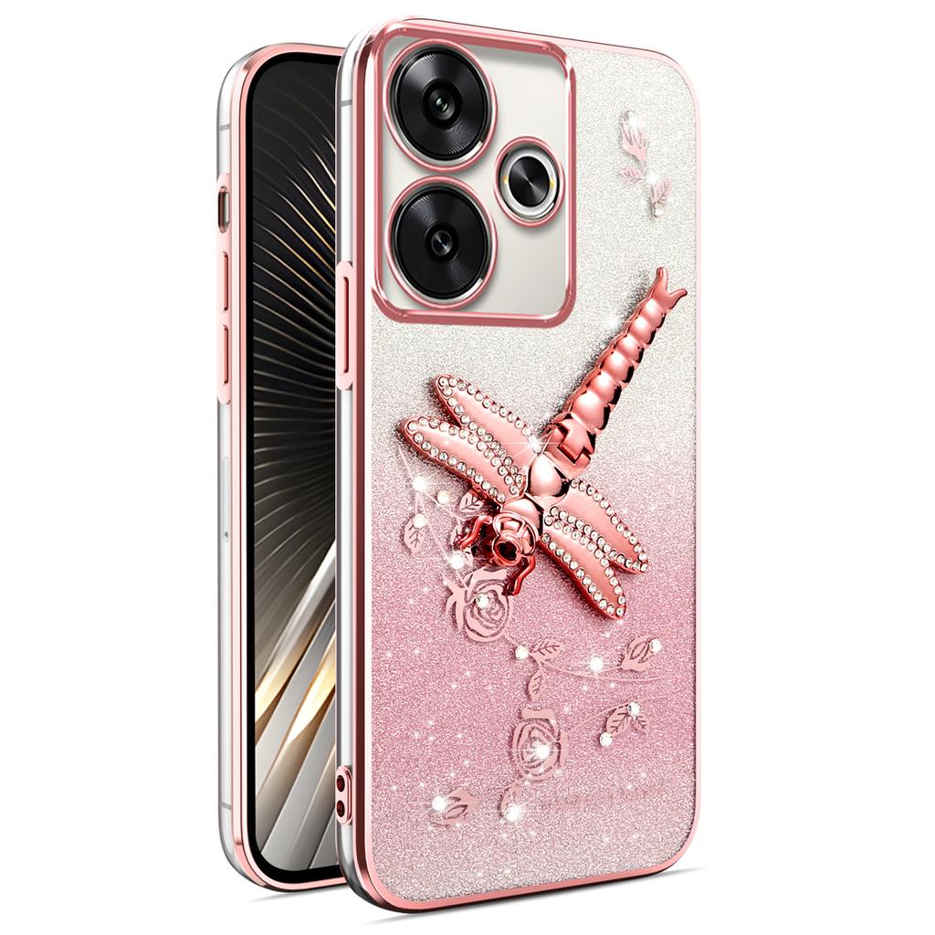 Case For Xiaomi Redmi 13 4G/5G/Note 13R 5G/Poco M6 4G/M6 Plus 5G Dragonfly Kickstand TPU Flowers Glitter Phone Cover