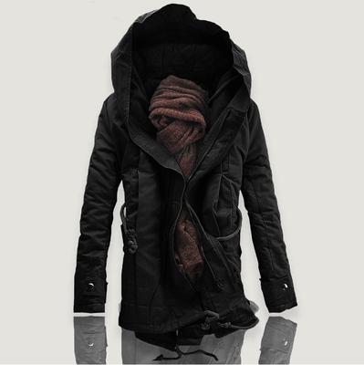 Winter Mens Parkas Coat Male Slim Fit Thick Fleece Parka Jacket Solid Color Long Hooded Outerwear