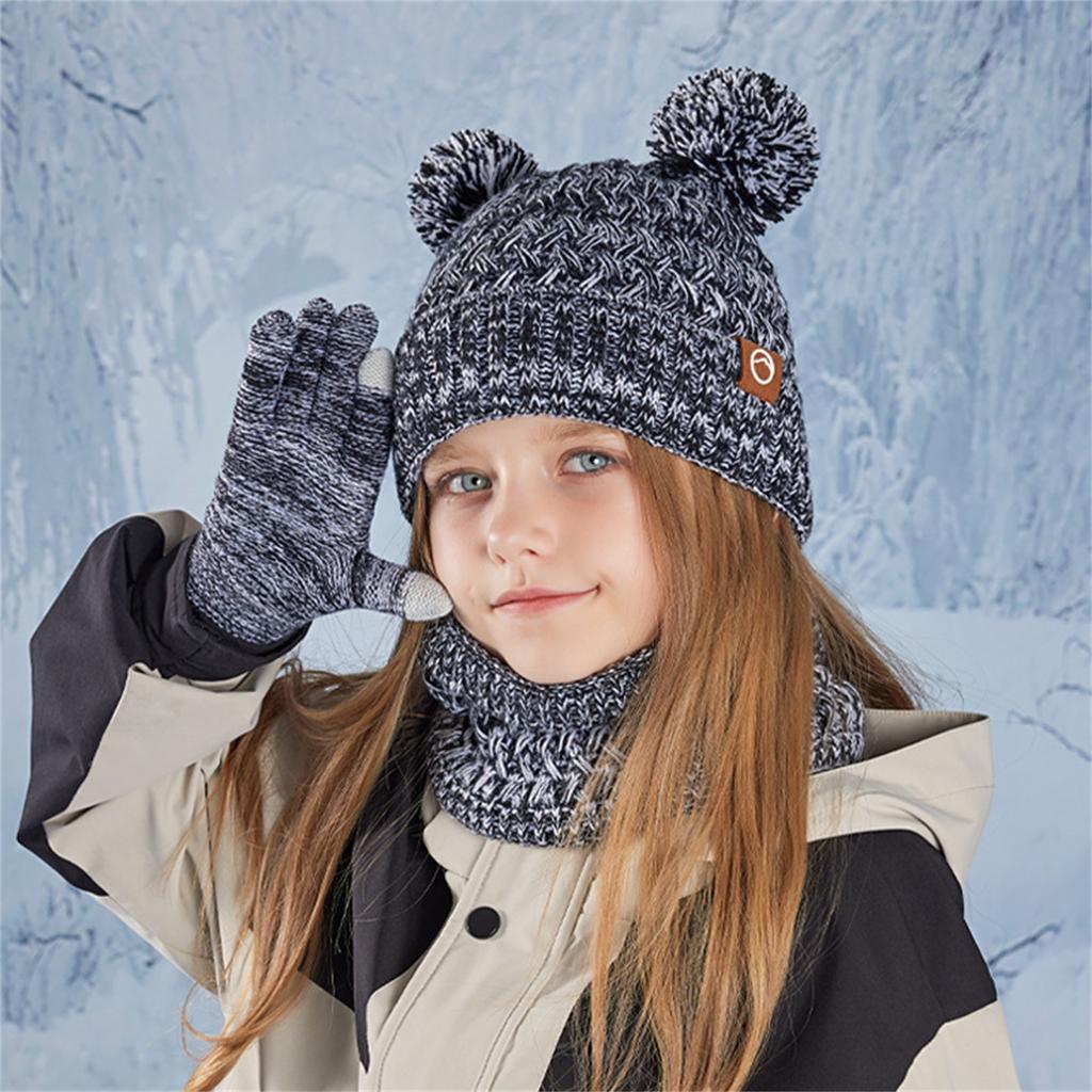 Kids Winter Hat Gloves Scarf Set, Girls Boys Pompom Hats Gloves Knit Set With Thick Fleece Lined For 4-10 Children