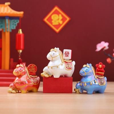 Kawaii Cute Pony Ornament Resin Horse Mascot Cartoon Horse Statue Chinese Style Desktop Ornament Zodiac Horse Figurines