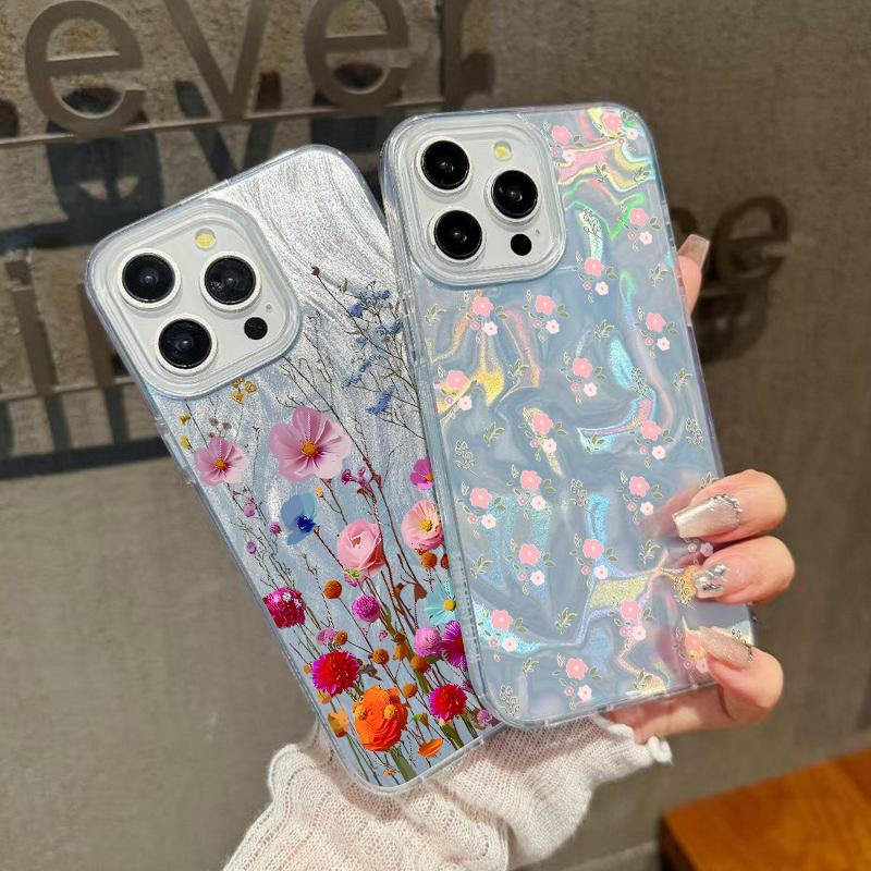 Luxury Floral Print Glitter Slim Case For iPhone 16 15 Pro Max 14 Pro 13 12 11 Glossy Shockproof Hybrid TPU PC Clear Phone Cover