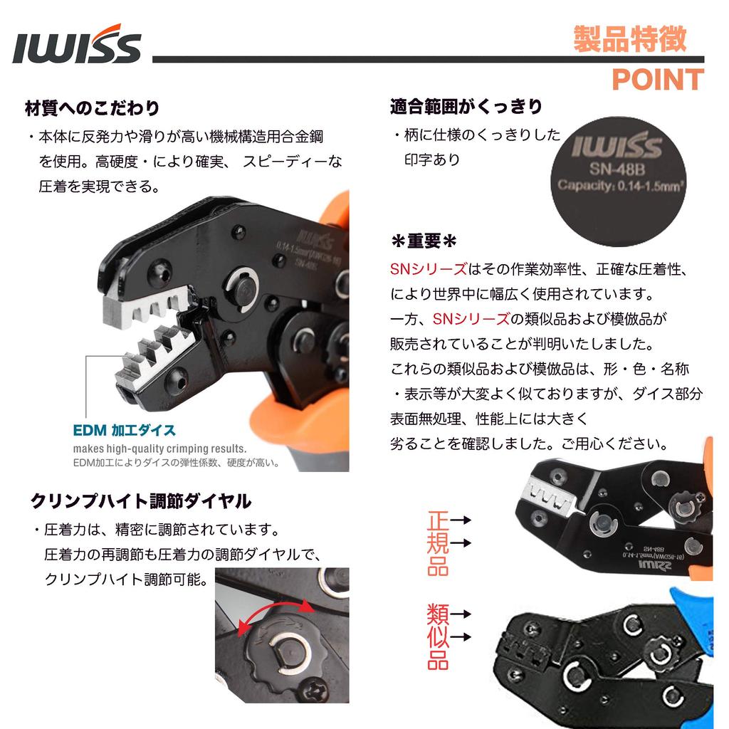 IWISS SN-48BE Ratchet-Type Crimping Pliers, Open Barrel, for Faston Terminals, EDM Cut, Compatible with 0.14-1.5mm² Medium-Sized Terminals