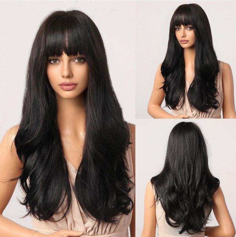 ALAN EATON Brown Highlight Layered Boby Wavy Wig Long Natural Mixed Synthetic Wig Women Daily Hair with Bangs Heat Resistant Wig