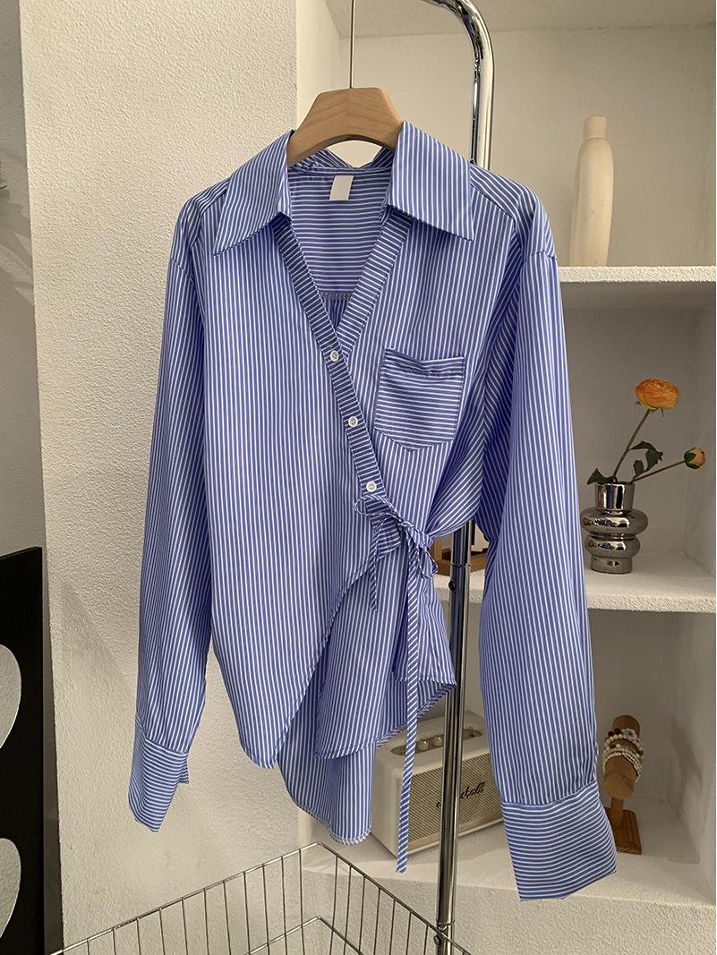 

Oumalai High-End Striped Lapel Long Sleeve Waist-Cinching Irregular Top One Size