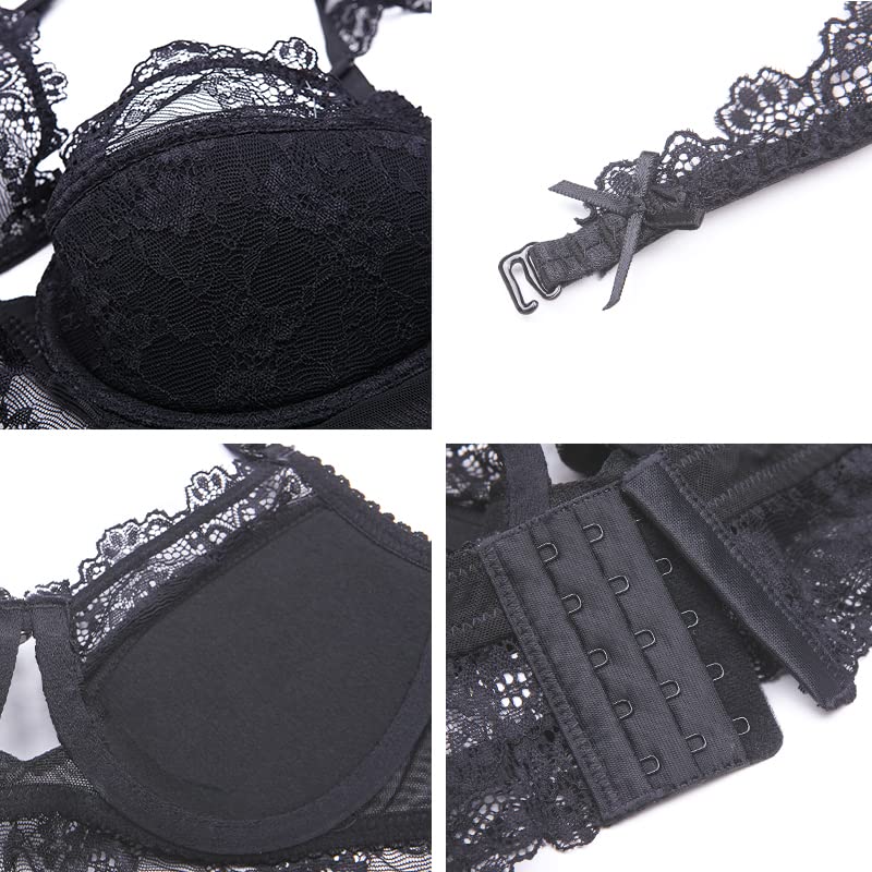 code lingerie sexy garter temptation set [Sexy 1701] Women's 4-piece set, bra, shorts, belt, stockings, (SV399-85C-Black)