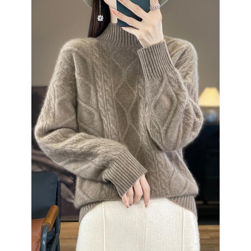 Thickened Half-high Neck Twisted Flower Cardigan for Women In Autumn and Winter New Skin-friendly and Warm Versatile Cashmere Knitted Base Shirt