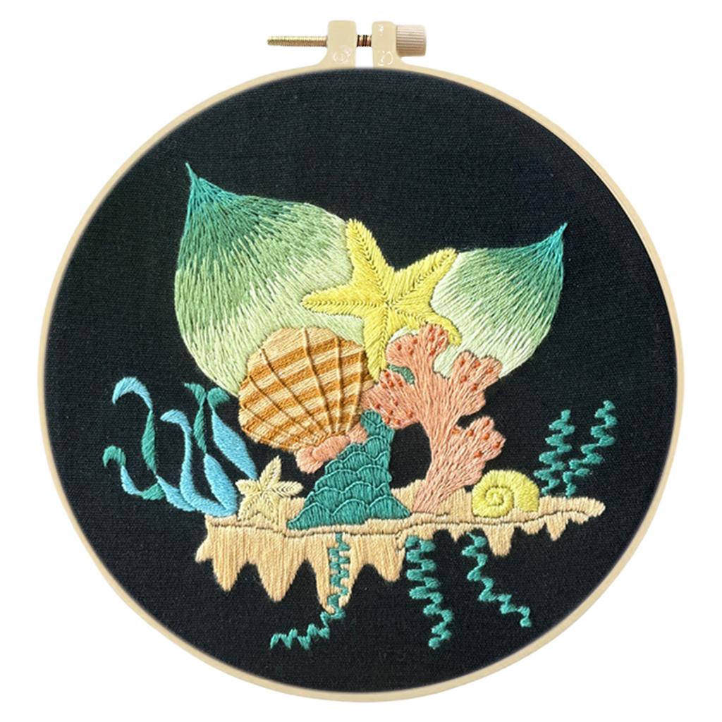 Ocean Scenery DIY Stamped Embroidery Stitches Practice Kit 30x30cm Embroidery Starter Kit with 20cm Embroidery Hoop for Adults