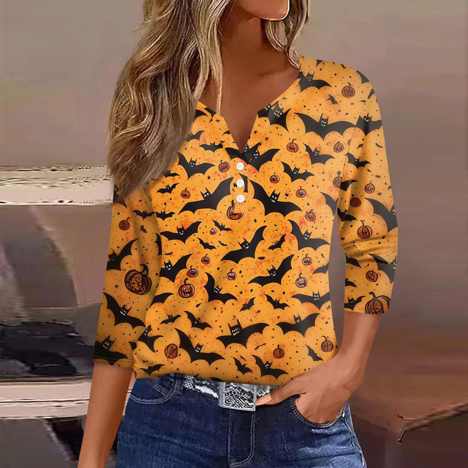 

Женская футболка с принтом на Хэллоуин, на пуговицах, рукав 3/4, повседневная мода на выходные, базовый топ с V-образным вырезом XL