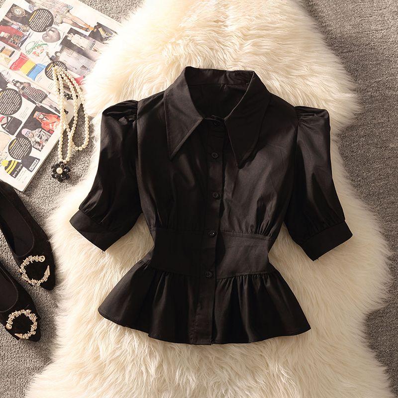 

Летняя рубашка с оборками в западном стиле, женская летняя одежда 2025, новинка, модная, элегантная, с приталенным силуэтом, с короткими рукавами, короткая Black S