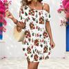 Women Plus Size One Shoulder Single Strap Short Sleeve White Printed Loose Dress