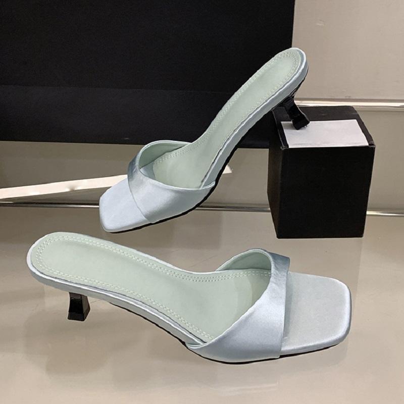 Summer Fashion Open Toe Silk Women Slipper Slip On Elegant Thin Low Heel Dress Ladies Slides Shoes Zapatillas De Mujer