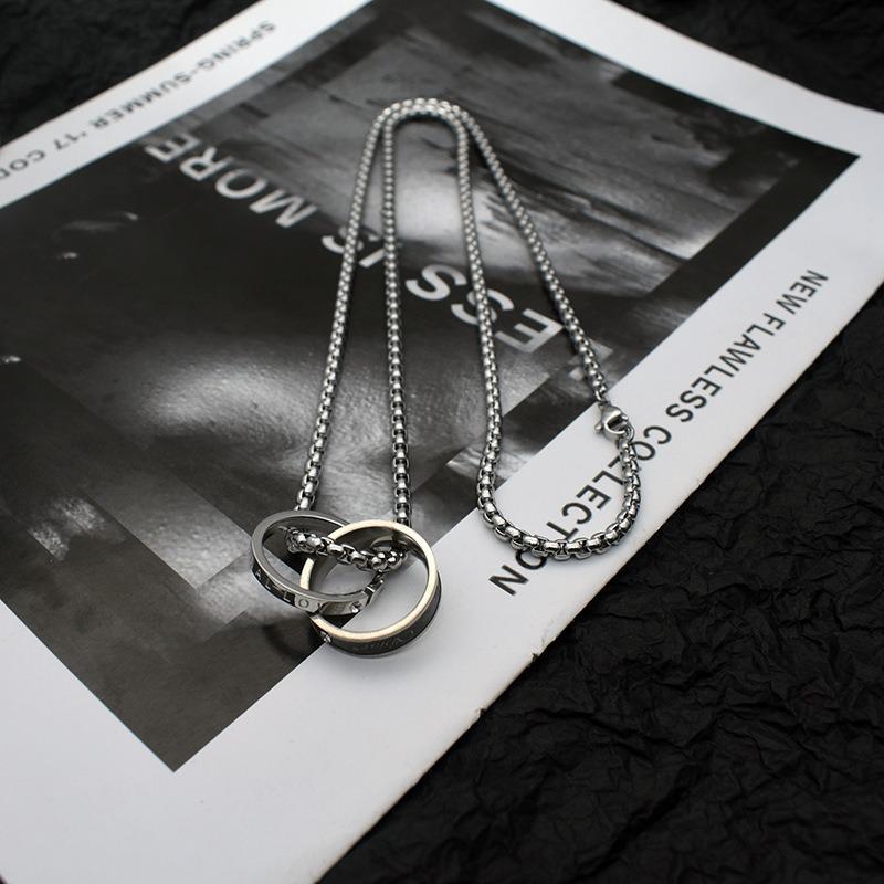 Stylish Hip Hop Titanium Steel Double Ring Necklace - Non-Fading Stainless Steel Sweater Chain Accessory