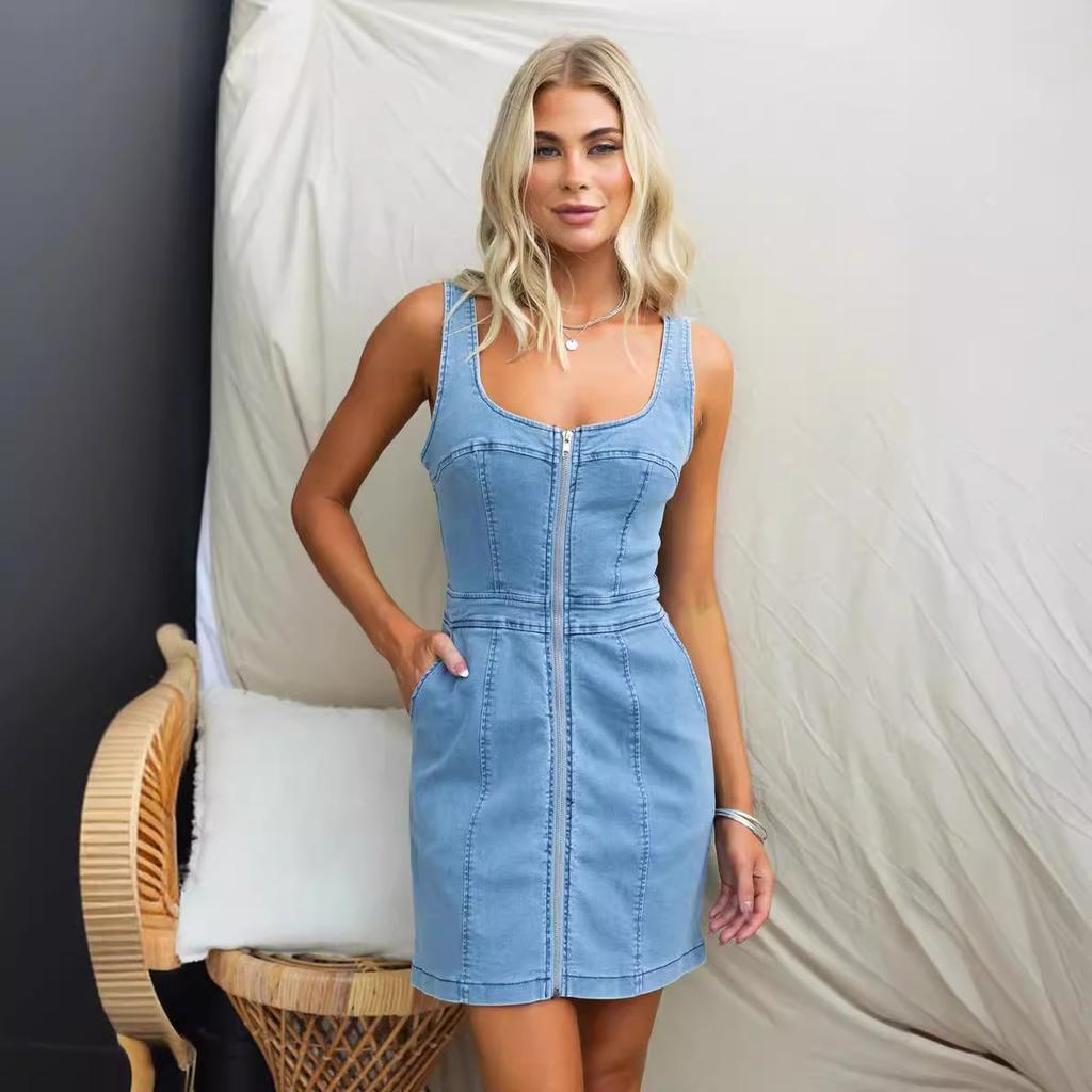 IHUASU Spring Summer Sleeveless U-Neck Casual Slim Denim Sleeveless Dress for Women