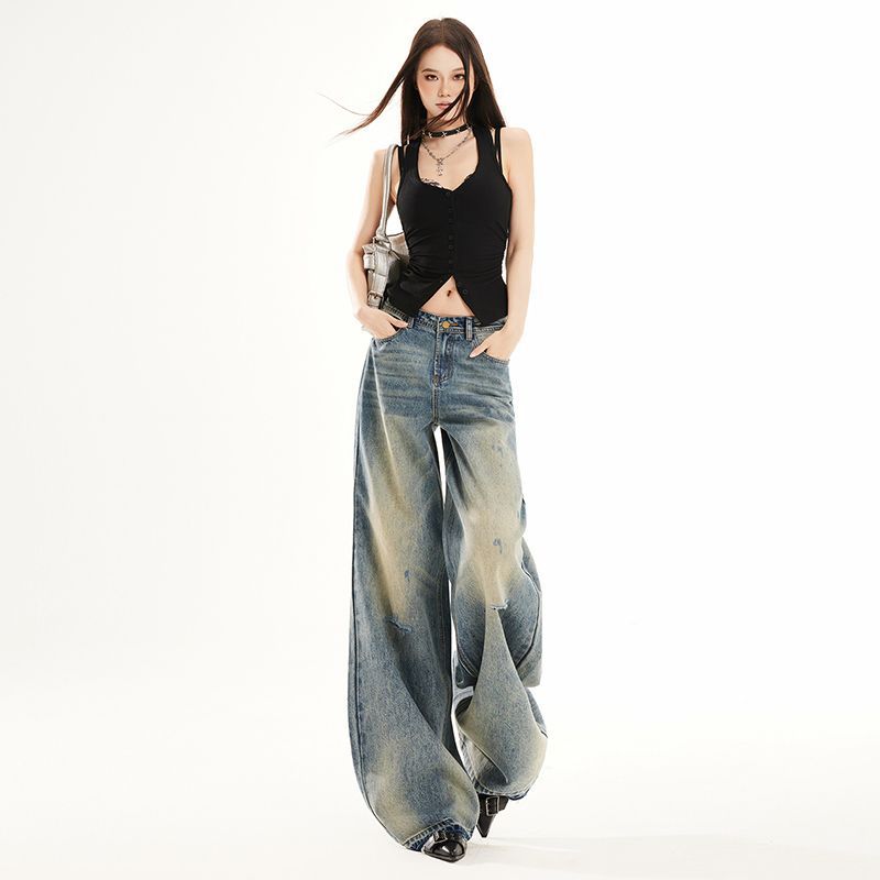 Spring Summer Relaxed Distressed Ripped Burn Vintage Wide Leg Denim Pants For Ladies Casual Pants Oversize Denim Trousers