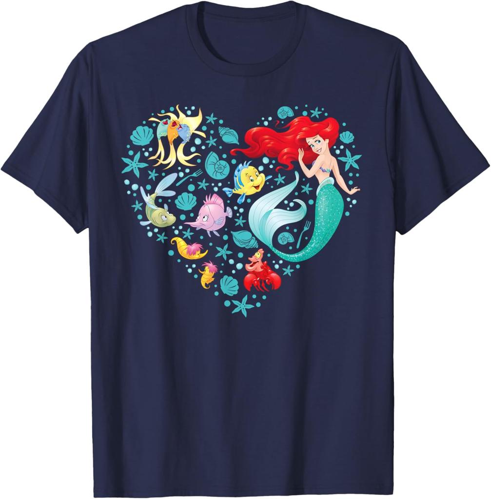 Hot Fashion Casual Disney Princess Ariel Flounder and Sebastian Collage Heart T-Shirt S-4XL Four Seasons