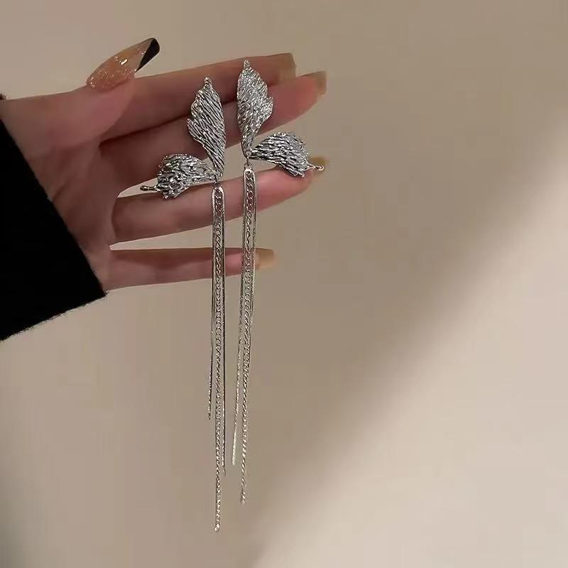 925 Sterling Silver Long Tassel Butterfly Earrings for Women - High-End Metallic Cool Style