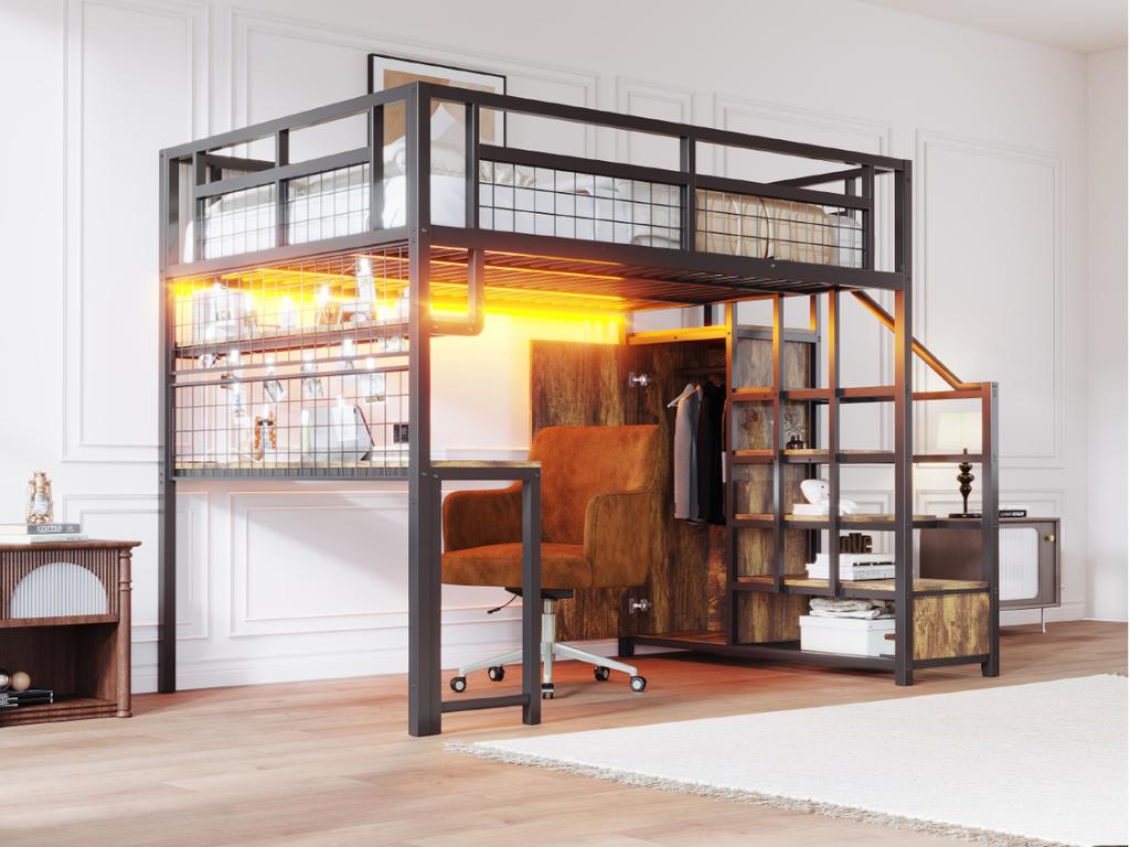 Metal Loft Bed 140 X 200 Cm with Storage Ladder and Simple Wardrobe, with Shelf, Table and Mesh Shelf, with Light Strip Socket, Black, SKU LDB00433AAB