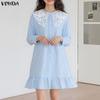 Women Lapel Neck Long Sleeve Embroidery Crochet Buttons Striped Casual Dress