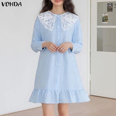 Women Lapel Neck Long Sleeve Embroidery Crochet Buttons Striped Casual Dress