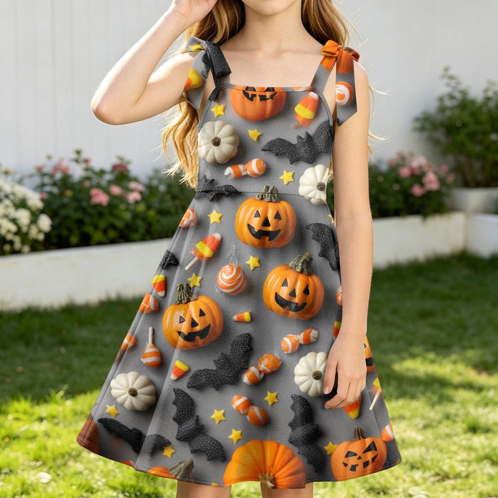 Girls Halloween Print Sleeveless Strap Dress for Party Celebrations