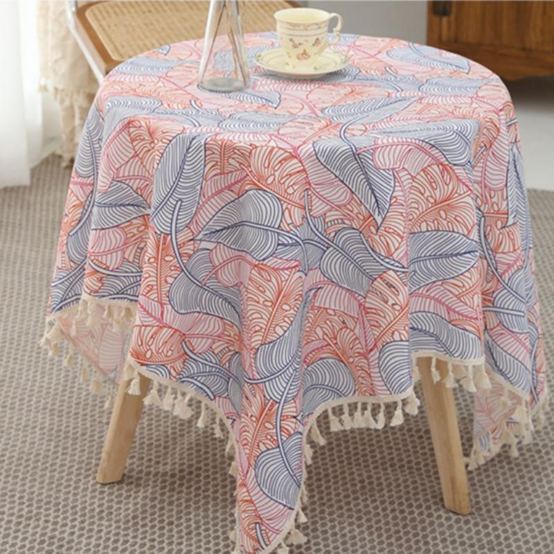 Pastoral Style Cotton and Linen Tea Table Towel Fashionable and Minimalist Green Leaf Tablecloth Rectangular Tassel Table Cloth Large Size Table Cover