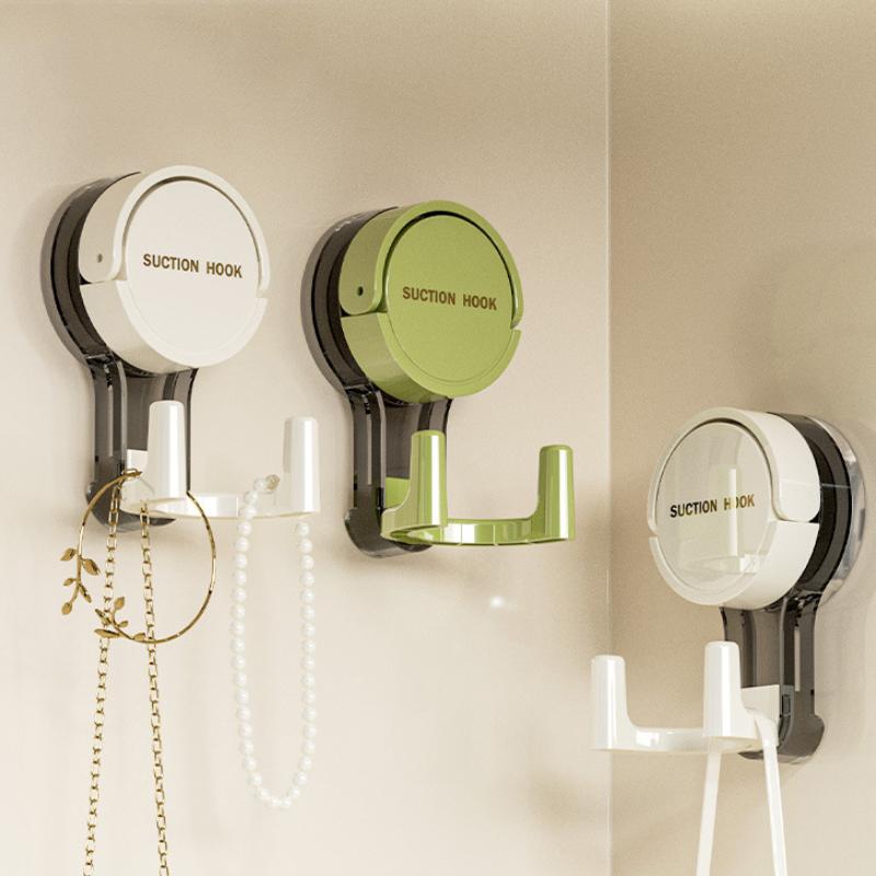 Wall Mounted Vacuum Suction Cup Double Hook No-Drilling Key Towel Hanger Hook For Bathroom Kitchen Removable Storage Hook