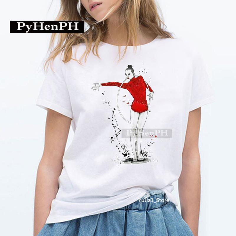 Elegant Ballet Print Short Sleeve T-shirt Women's Slim Fit Summer Top Modal Fabric Student Girl Fashion Polyester
