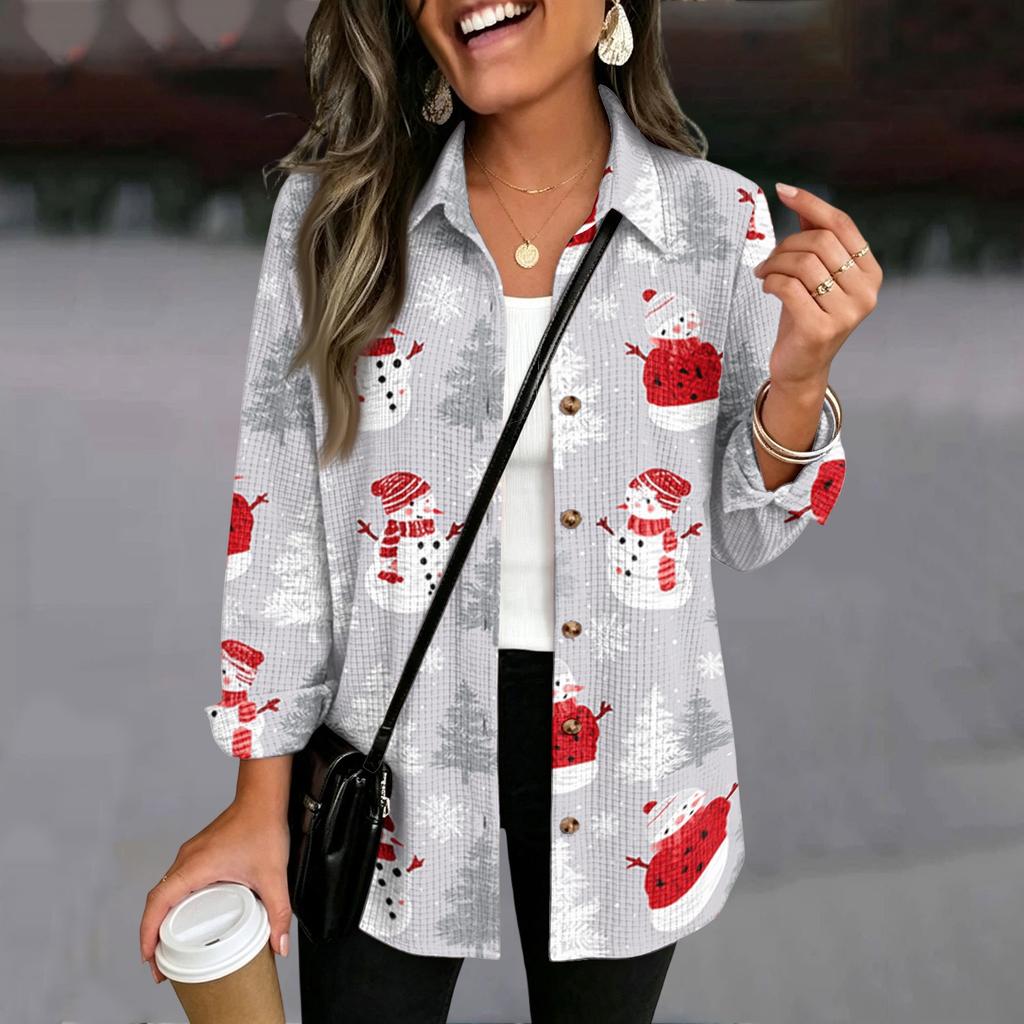 Women's Casual Loose Fit Christmas Print Button-Front Long Sleeve Cardigan Top