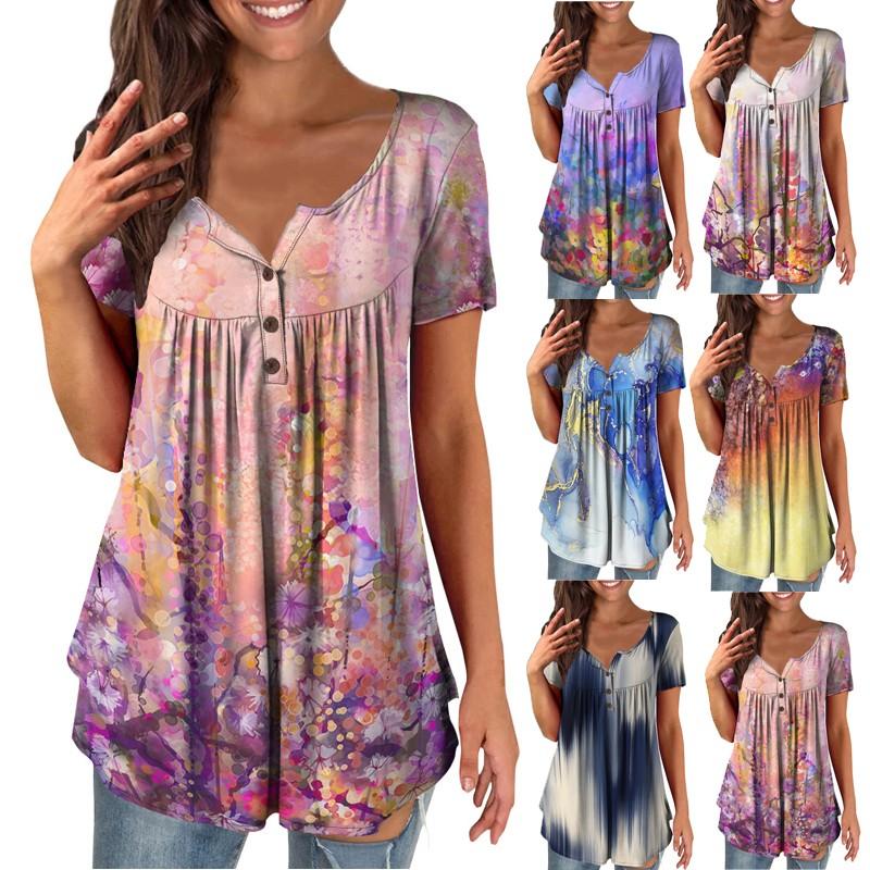 

(Куниде) Женская повседневная футболка с короткими рукавами и v-образным вырезом, топ на пуговицах с принтом