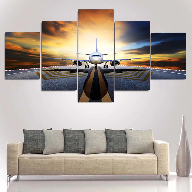 Modern 5 Pieces Airplane Poster Canvas Painting Landscape Sunset Backlight Lawn Wall Art Pictures for Living Room Decor No Frame