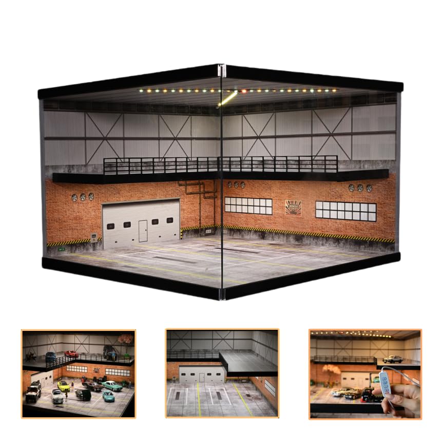 164 Scale Diorama Car Garage, Holds 30 Cars, Large Double-Decker, 3-Color Dimmable LED Lighting, Easy Assembly, Dustproof Door, Tomica Miniature Car
