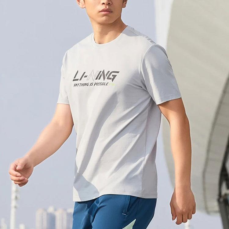 Li Ning Reflective Letter Print Quick-Dry Pullover Short Sleeve T-Shirt Men Tops Coin-Gray ATSS833-2
