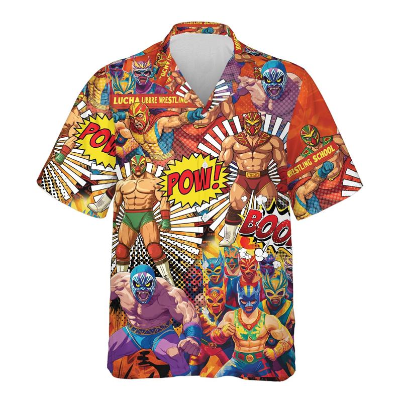 Maglietta da uomo con stampa 3D Maschera da wrestling messicana Lucha Libre Manica corta Collo a revers Top Estiva Street Camicie Hawaiane