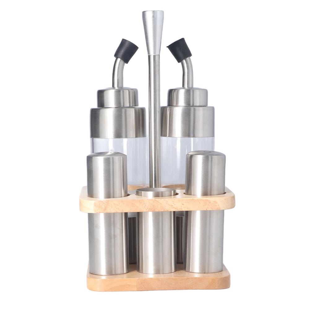 Set Sticle Condimente cu Raft de Lemn Oțel Inoxidabil 304 Suport Sticle Condimente pentru Masă Bucătărie